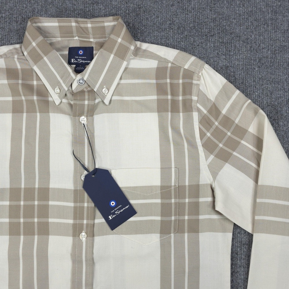 Ben Sherman Shirt Mens Small Beige Plaid Button Down Long Sleeve Casual Twill